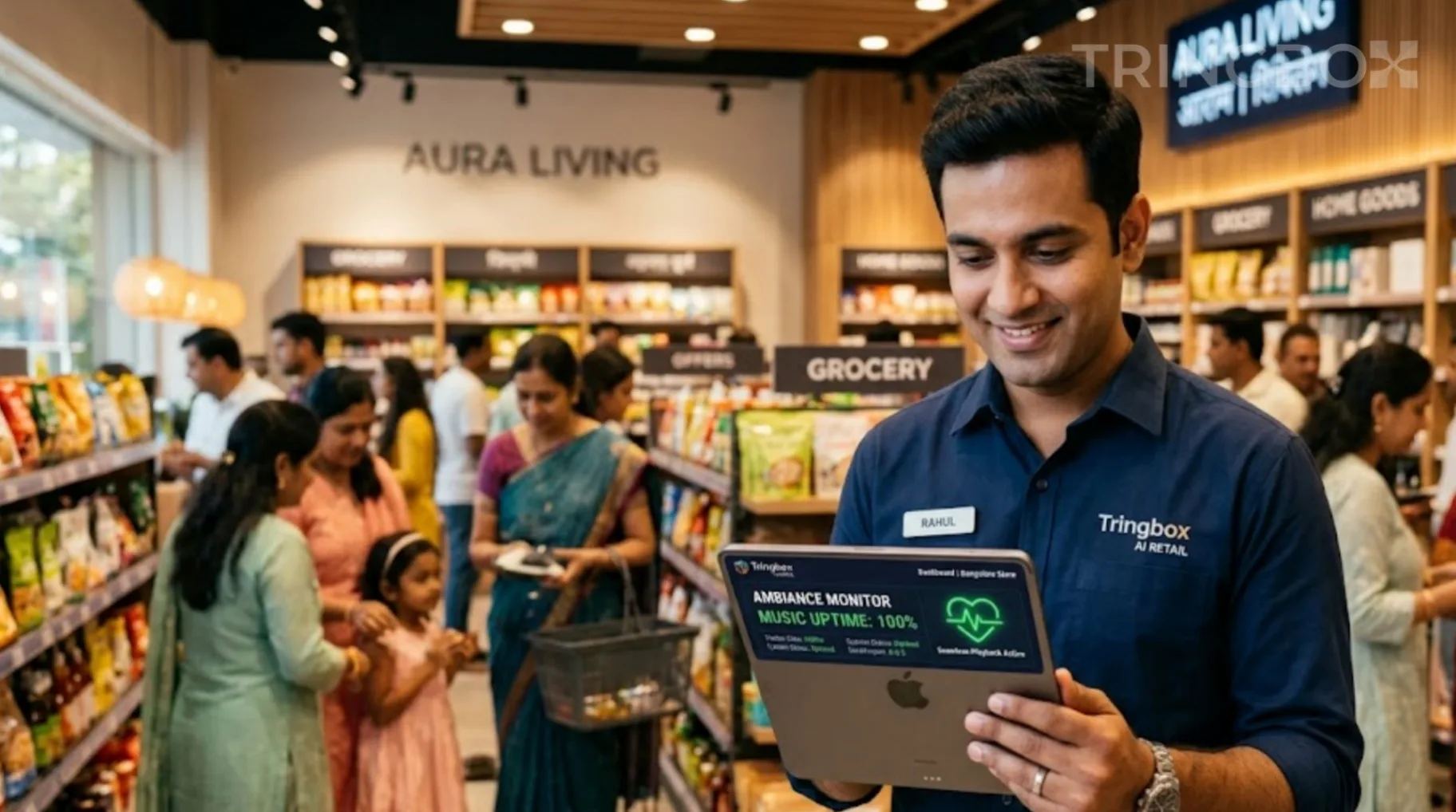 A digital interface showing proactive music uptime alerts and monitoring for a retail chain.