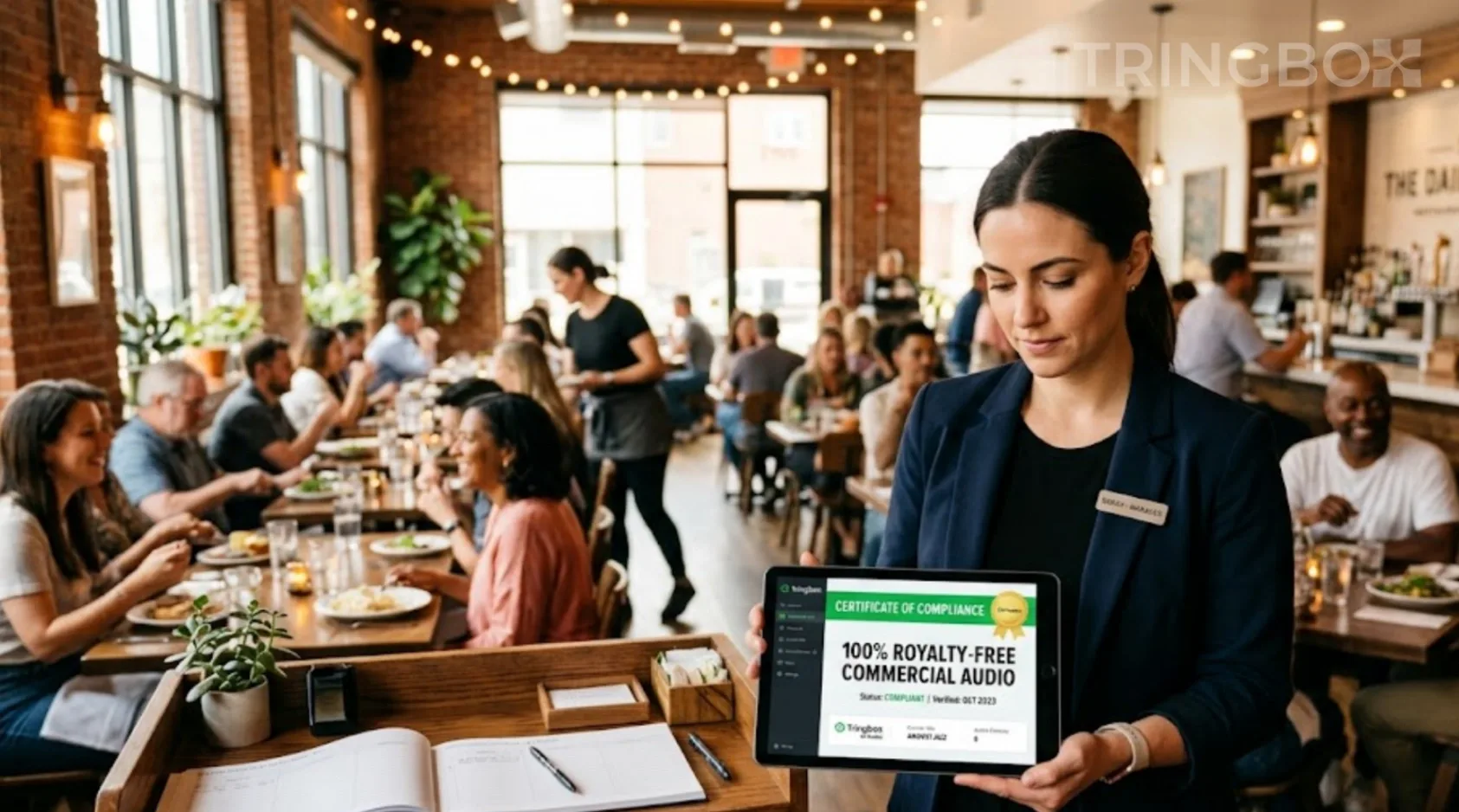Restaurant manager holding a Tringbox compliance certificate on a tablet, bypassing illegal personal streaming apps