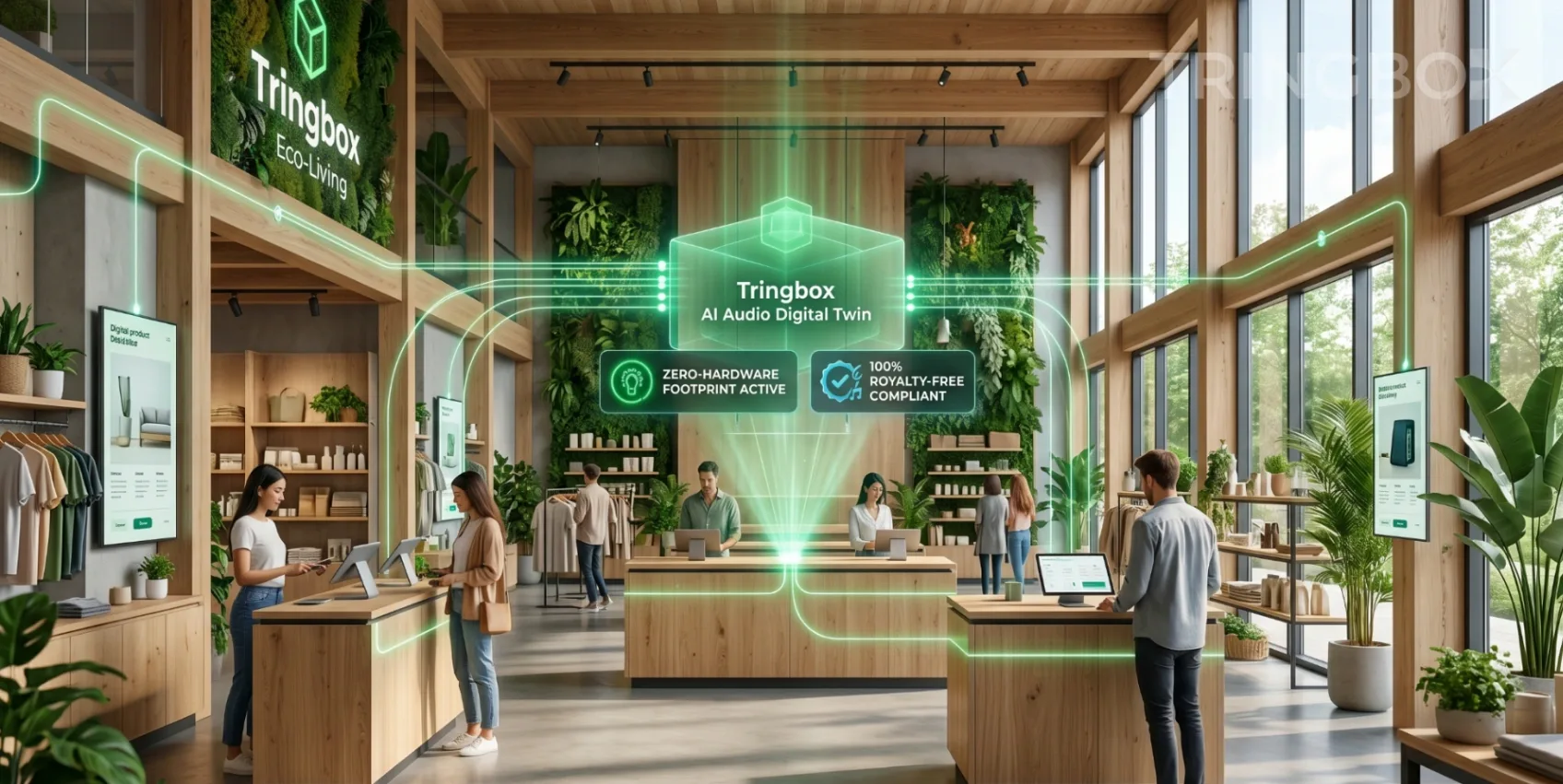 Eco-friendly retail store integrated with zero-hardware AI audio infrastructure