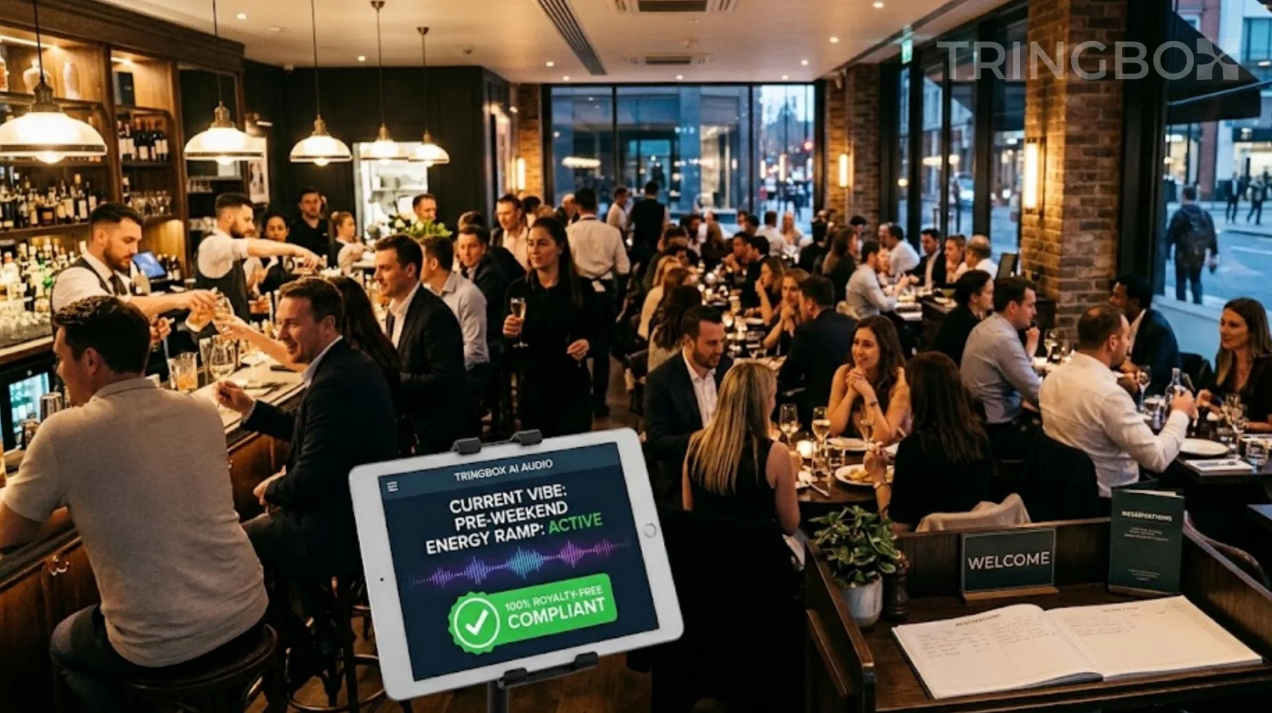 Energetic shoppers in a vibrant retail store transitioning into the evening with Tringbox AI audio active