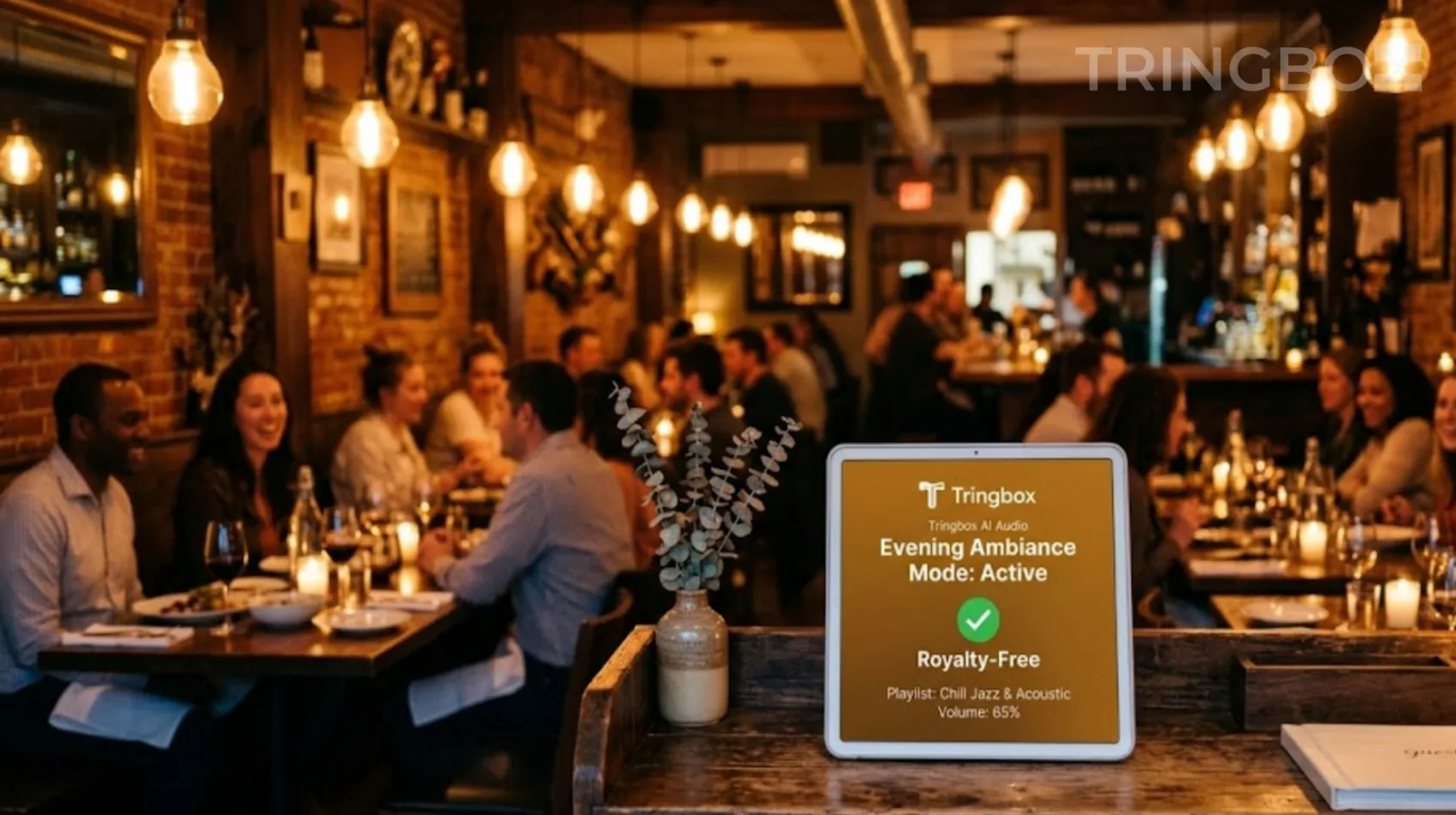Warm, softly lit casual dining restaurant transitioning into the evening with a Tringbox digital display on the hostess stand