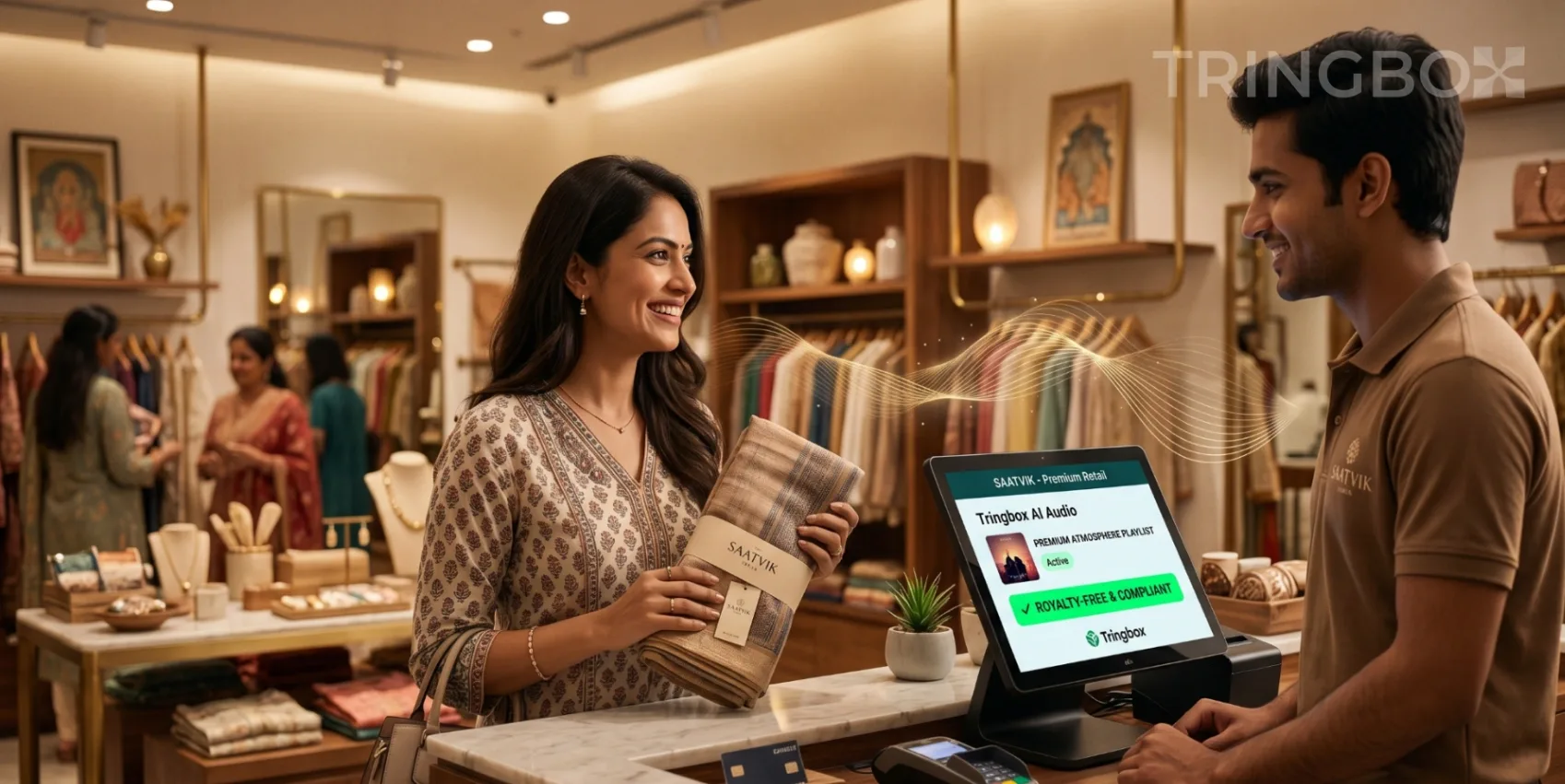 Customer enjoying a premium retail checkout experience powered by AI atmospheric audio