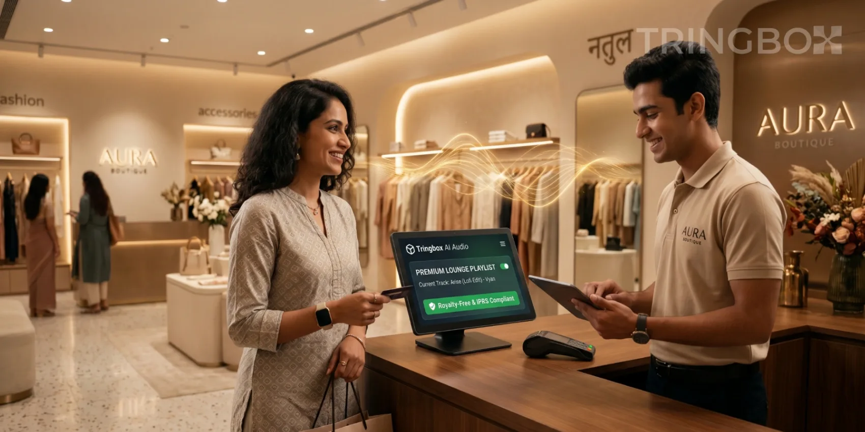 High-end retail checkout counter showing premium customer service and Tringbox compliance certificate