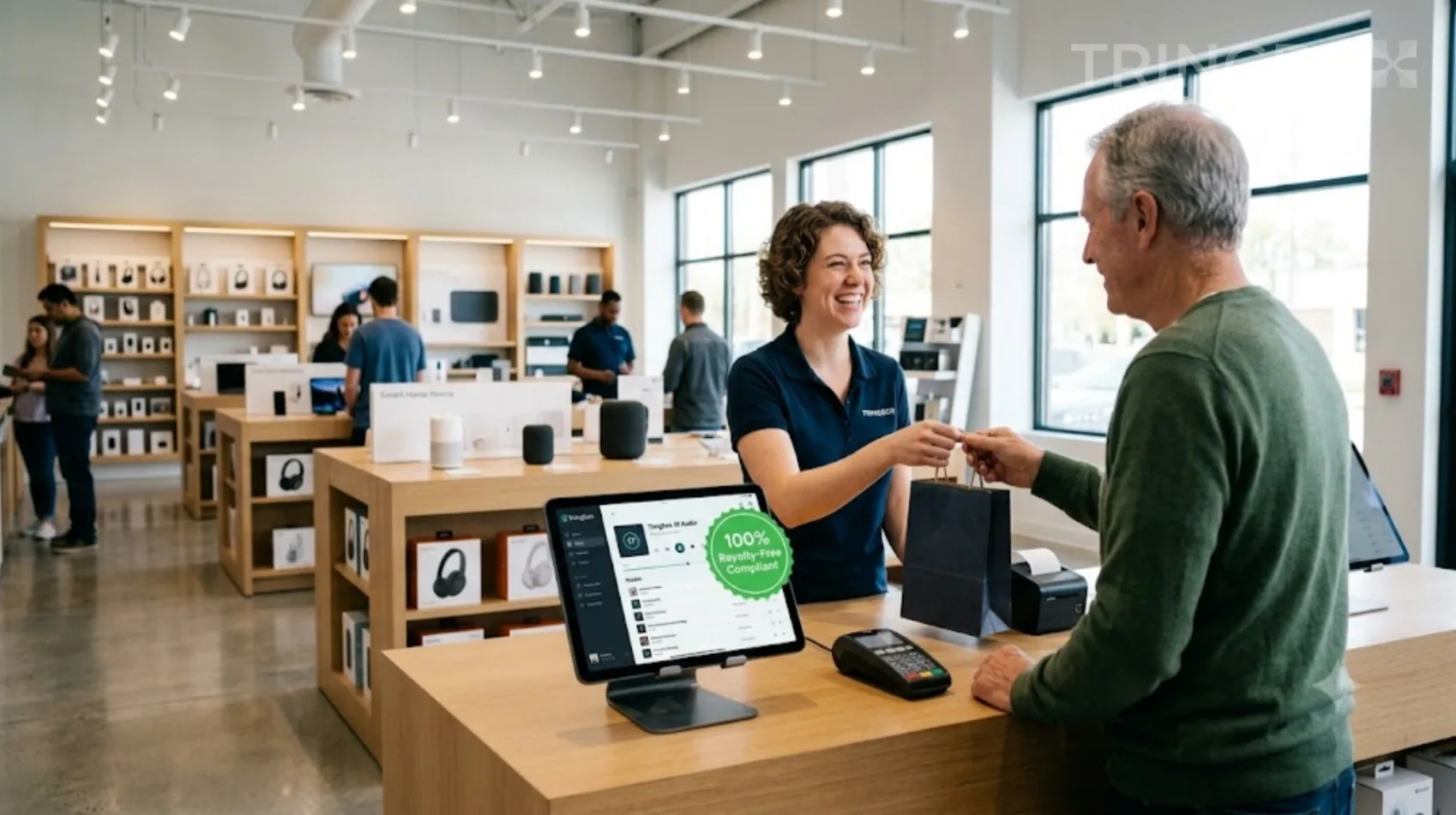 Customer enjoying a premium retail checkout experience powered by AI atmospheric audio