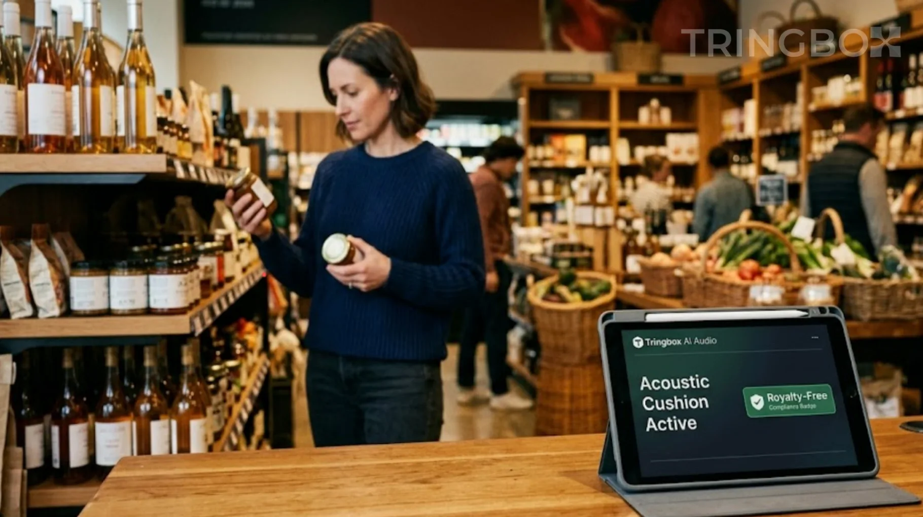 Shopper carefully evaluating products in a premium, calm retail environment powered by Tringbox AI audio