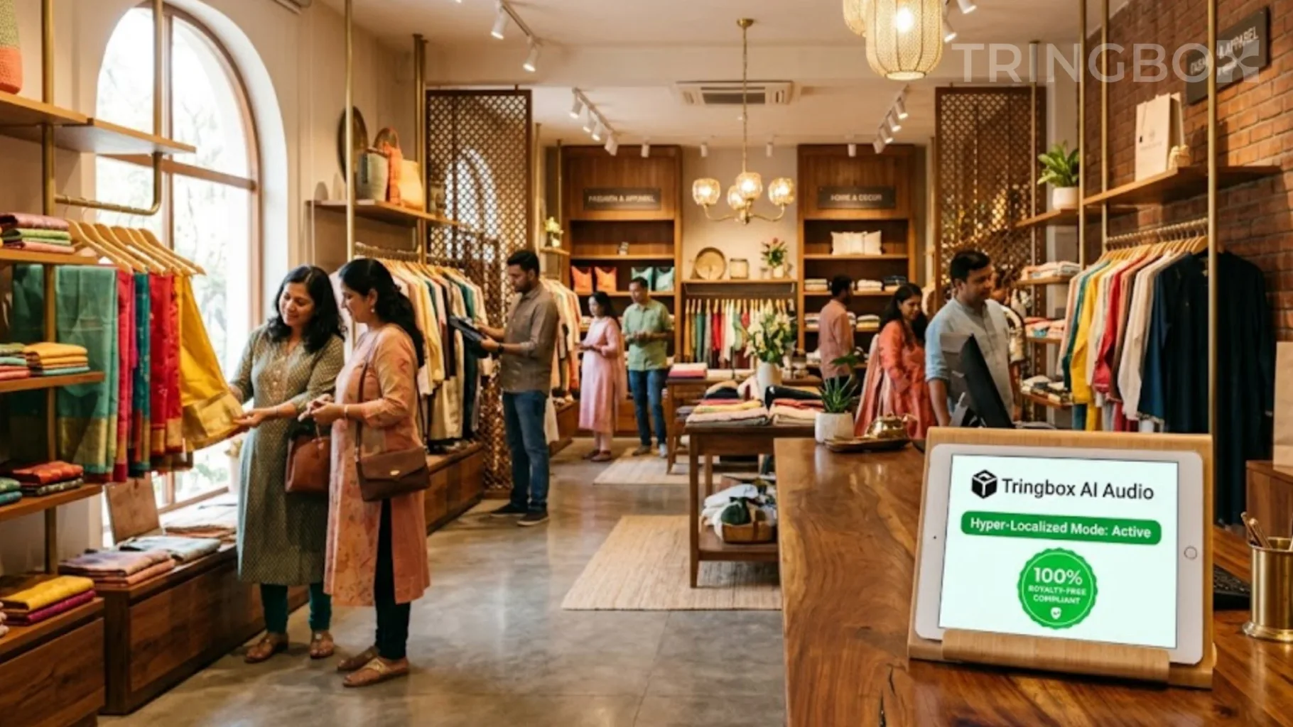 A vibrant retail store with culturally relevant decor and a Tringbox AI audio tablet at the counter