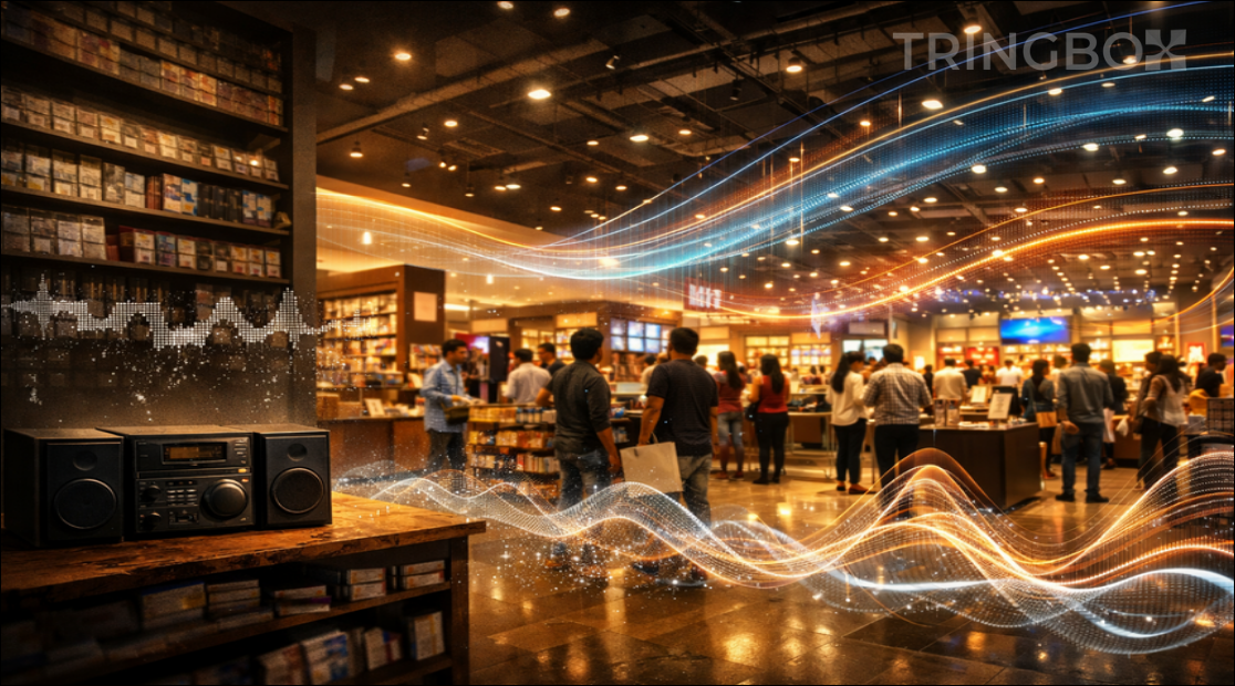 A futuristic visualization of AI managing sound waves across multiple retail locations in real-time.