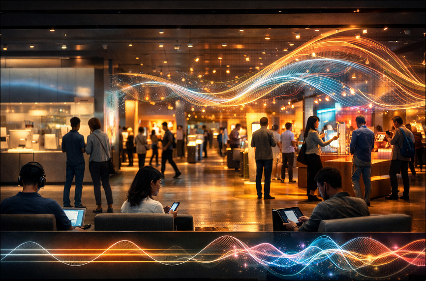 A high-tech visualization showing AI nodes managing sound waves across multiple retail store locations simultaneously.