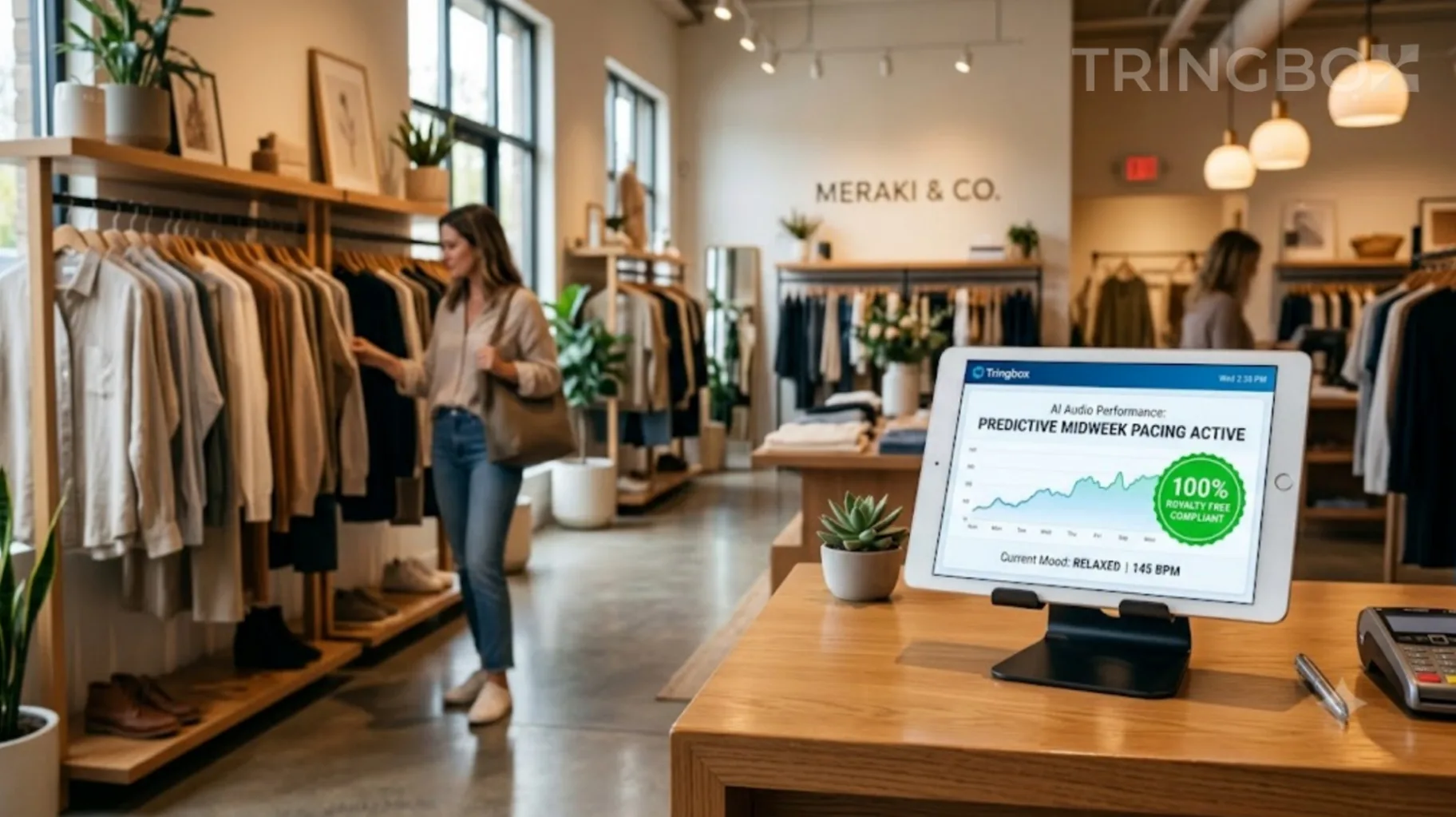 A relaxed shopper browsing in a calm, beautifully lit retail store on a Wednesday with a Tringbox AI audio tablet visible