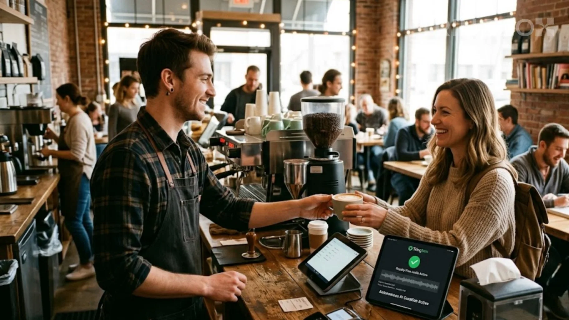 Relaxed and smiling store associate happily serving a customer with a Tringbox AI audio tablet visible