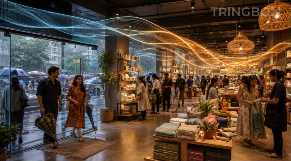 A vibrant, expansive modern retail shop with multiple departments, featuring a seamless, legally compliant, and strategically managed InStore audio setup.