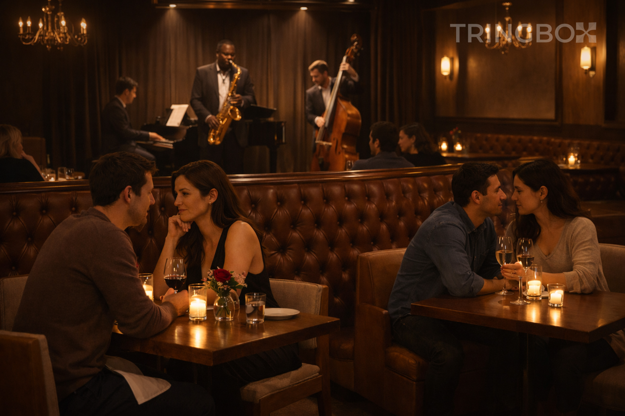 Warmly lit cafe interior with couples dining on Valentine’s Day in a cozy romantic setting