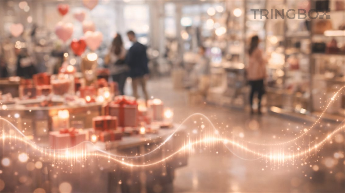 Soft cinematic retail store interior with gentle glowing sound waves creating a romantic Valentine Week shopping atmosphere
