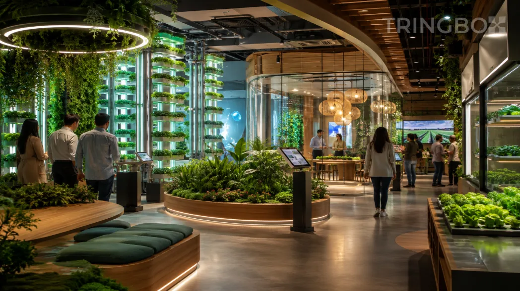 A sleek, futuristic vertical farming experience center featuring glowing green hydroponic towers, glass tasting rooms, and modern wood accents, unified by a soothing AI-curated soundscape.
