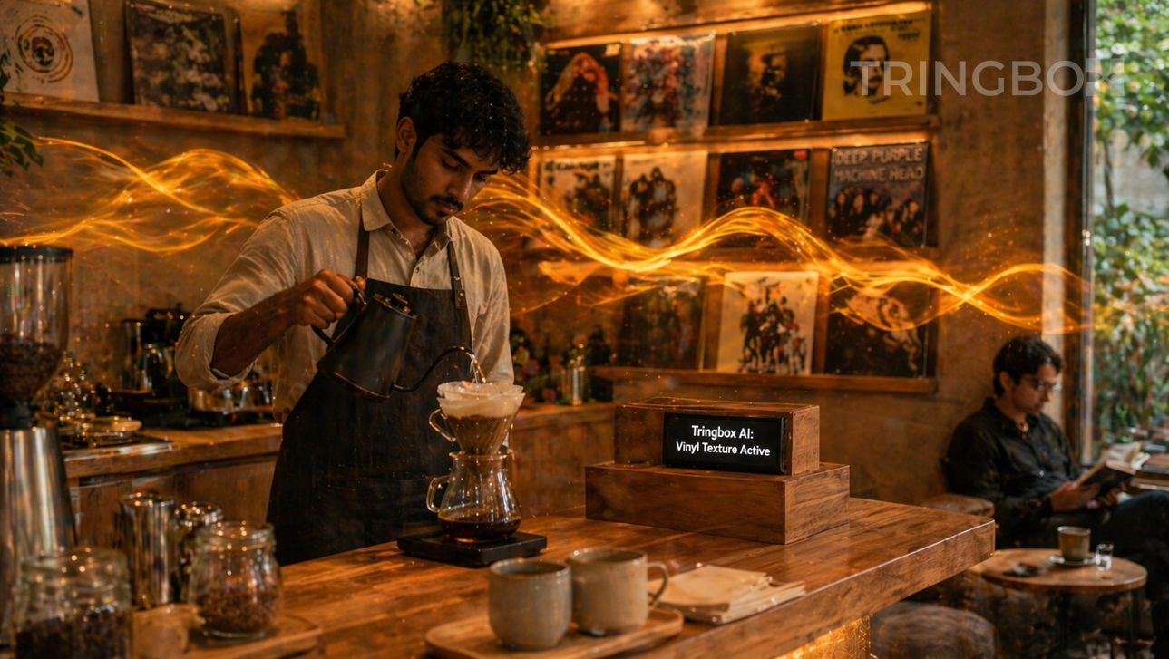 A modern, minimalist café with organic wood and plant decor where the 'Vinyl-style' sound waves from Tringbox AI are visualized as warm amber ripples.