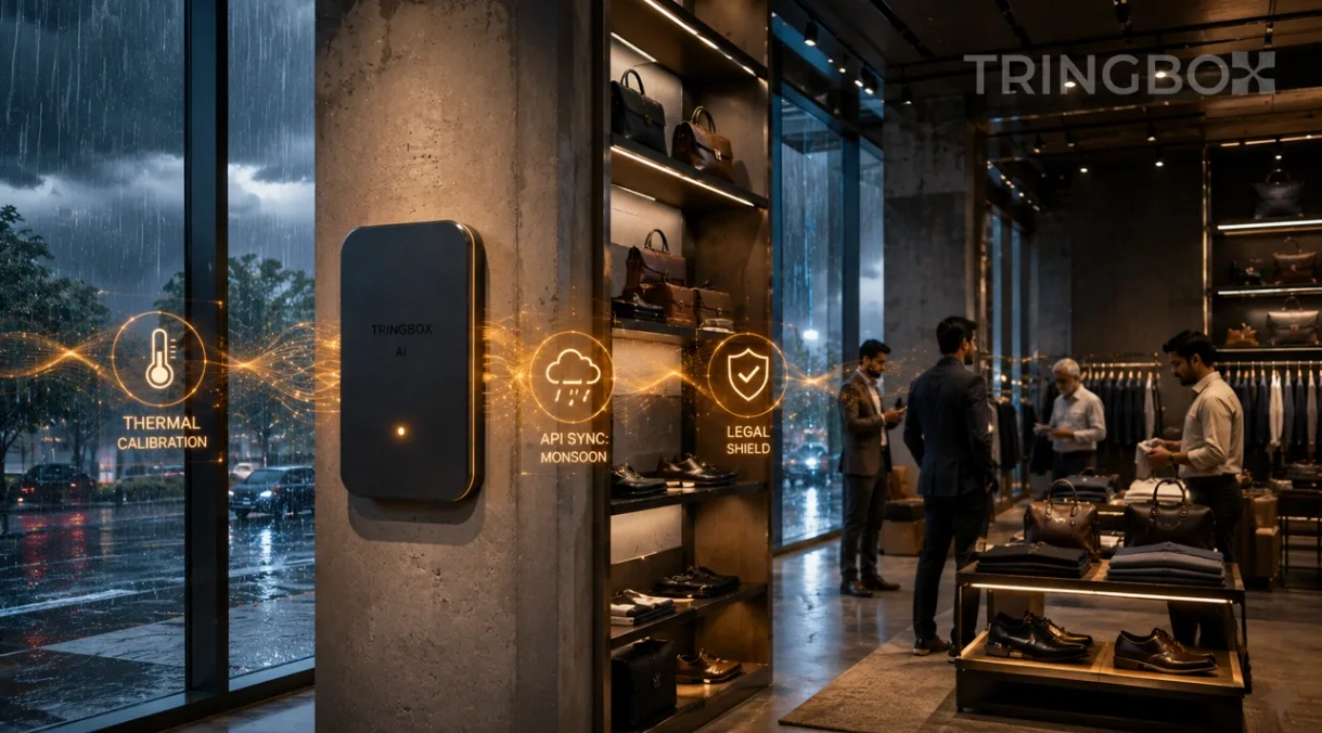 A 16:9 widescreen cinematic photograph capturing a premium, high-end Indian commercial retail environment with massive glass windows showing a heavy monsoon rainstorm outside. The highly detailed background image emphasizes modern architectural lines and high-end interior textures, completely free of any text overlays and containing no girls. A matte-black Tringbox sensor hub is mounted neatly onto a structural concrete pillar, emitting a subtle, warm amber indicator light. Clean, translucent holographic data waves tracking environment telemetry float seamlessly in the atmospheric air, displaying metrics such as THERMAL CALIBRATION, API SYNC: MONSOON, and LEGAL SHIELD. In the background, a diverse group of professional male shoppers and older patrons are browsing comfortably, completely relaxed and seeking refuge in the optimized, beautifully lit space. Hyper-realistic, 8k resolution, cinematic lighting.