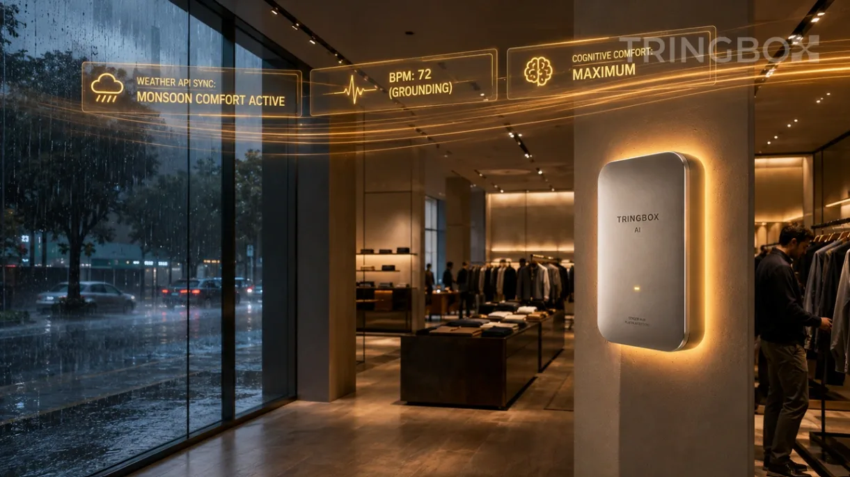 A professional photograph of an elegant retail boutique interior. Outside the large glass storefront, a heavy monsoon downpour is visible. Inside, a sleek Tringbox sensor hub glows with a comforting, warm golden light on a marble counter. Translucent digital waves labeled 'MONSOON COMFORT MODE: ACTIVE' and 'WEATHER API SYNC' float elegantly through the cozy, inviting air. Hyper-realistic, 8k resolution.
