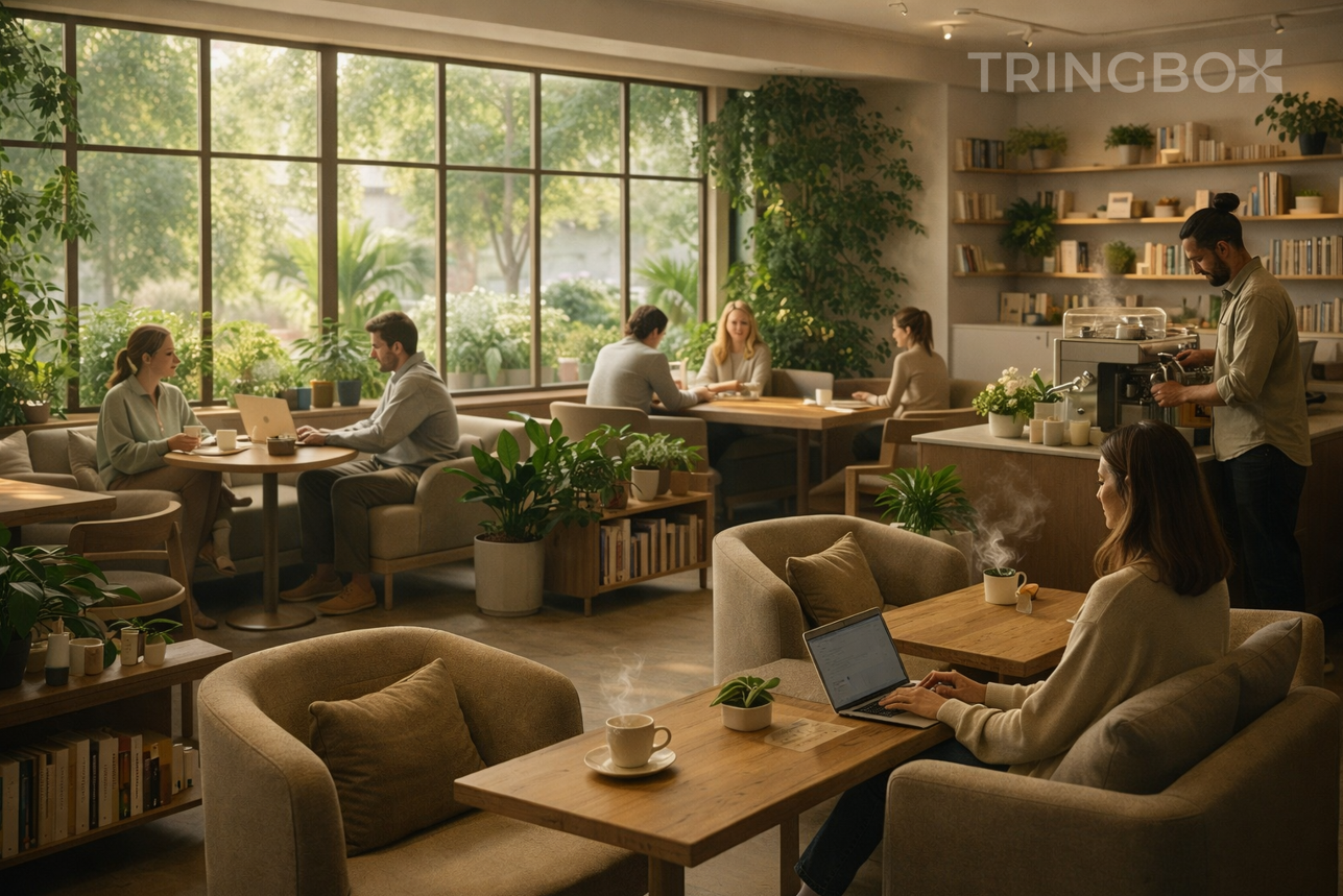 Wellness cafe interior with soft lighting and calm ambient music creating a relaxed atmosphere