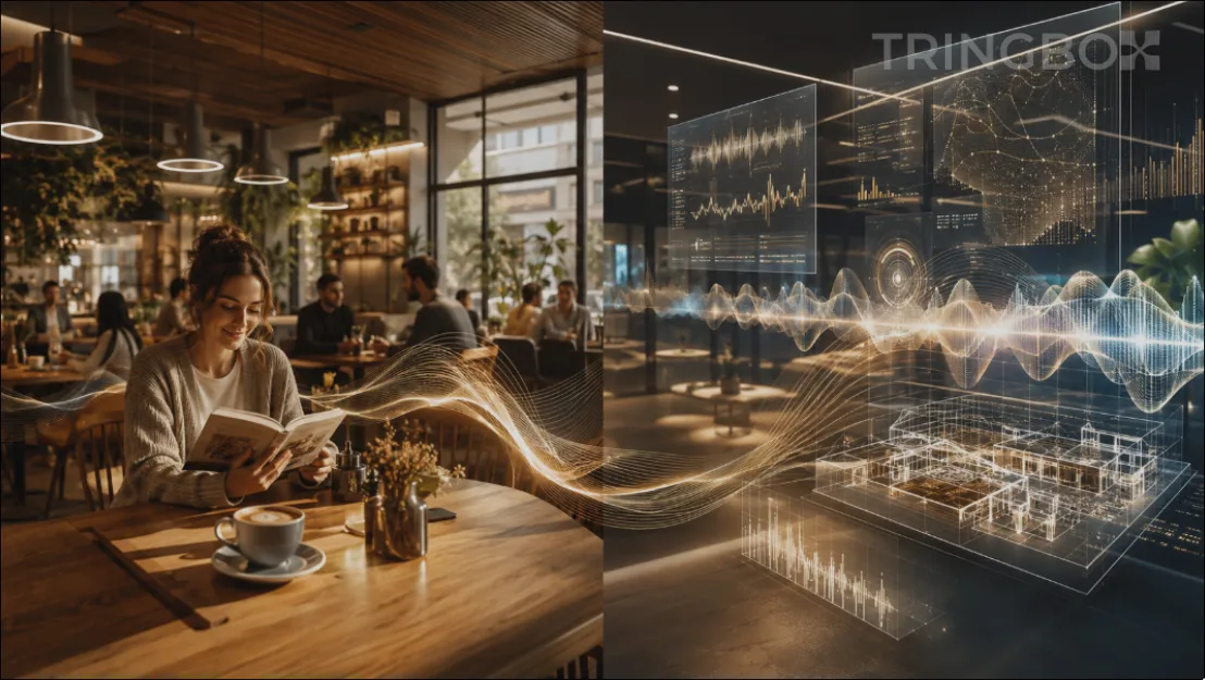A split-screen visual showing the unseen impact of IN-STORE music: a customer relaxing in a cafe on one side, and a visual representation of audio analytics and legal compliance on the other.