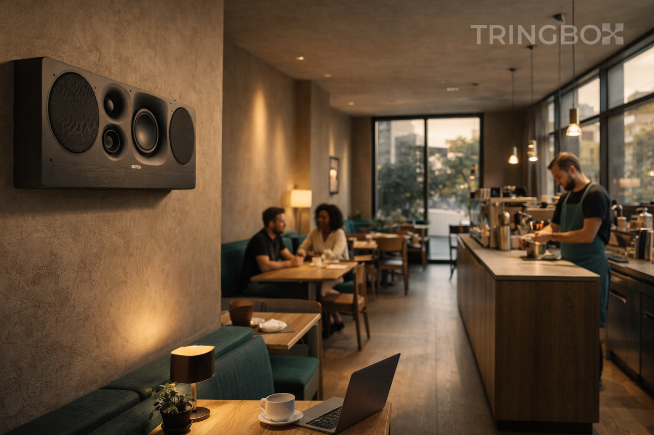 A modern retail store interior with subtle graphical soundwaves representing a cohesive audio brand identity.