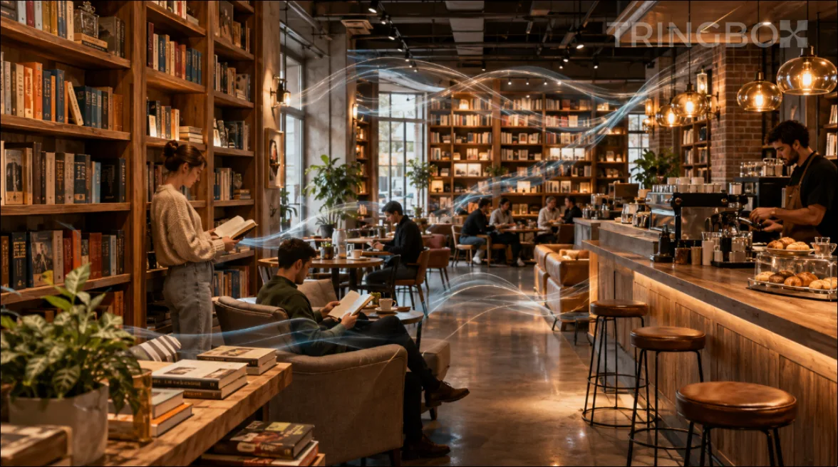 A cozy, well-lit independent bookstore and cafe with customers comfortably reading and browsing in a legally compliant, AI-optimized auditory environment.