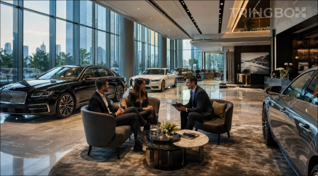 A modern luxury car showroom with sleek new vehicles displayed under pristine lighting, with clients consulting comfortably with a sales executive.