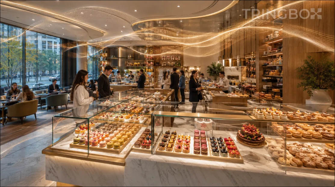 A modern, premium confectionery boutique and artisanal bakery with clean glass display cases filled with colorful pastries, enhanced by an optimal AI-driven sound environment.