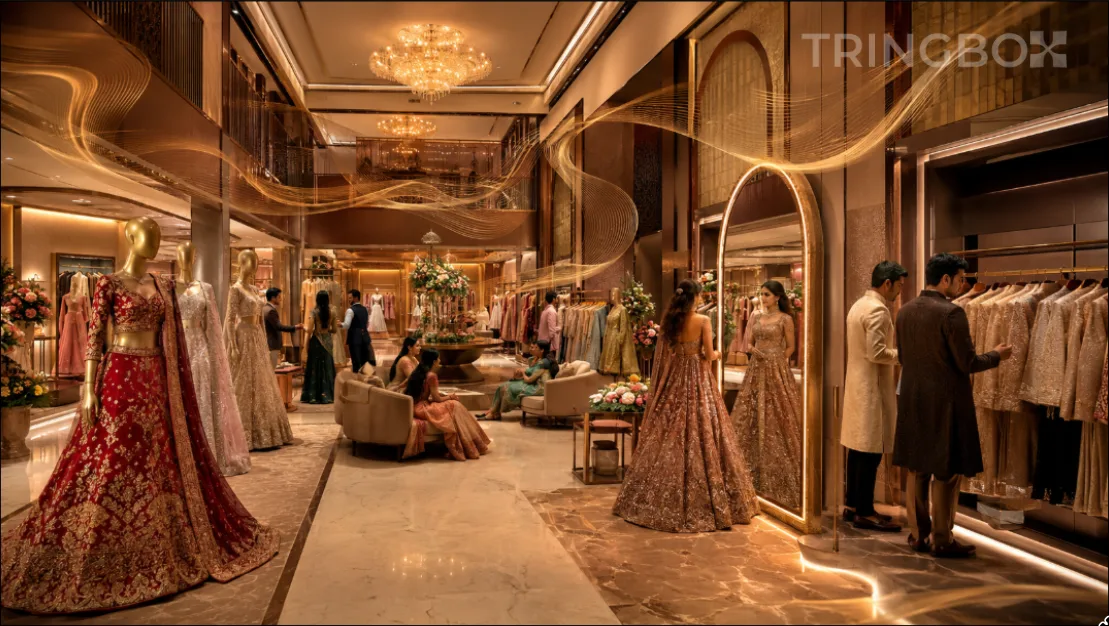 A luxurious Indian ethnic wear boutique featuring intricately embroidered bridal lehengas and designer sherwanis under warm lighting, with customers browsing in a premium AI-optimized sound environment.