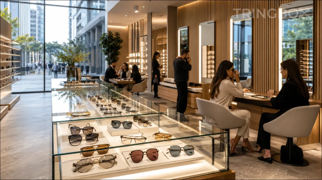 A modern premium eyewear store with clean glass displays, bright minimalist lighting, and customers comfortably trying on designer frames in front of a mirror.