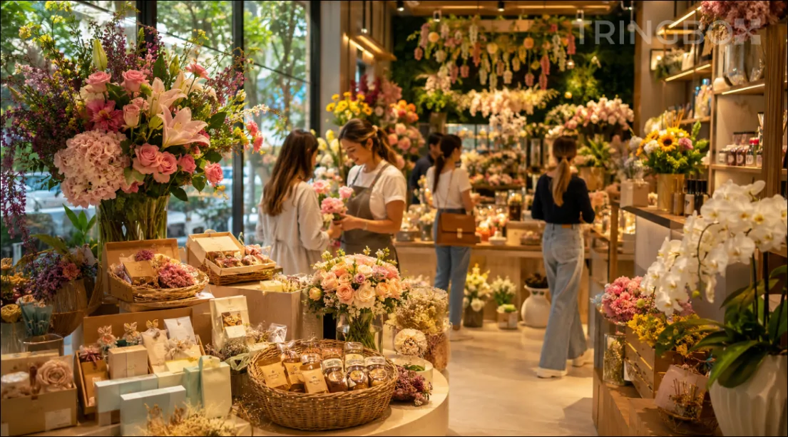 A beautiful modern floristry and gift boutique filled with vibrant fresh flowers, custom hampers, and customers browsing comfortably in a warm, inviting atmosphere.