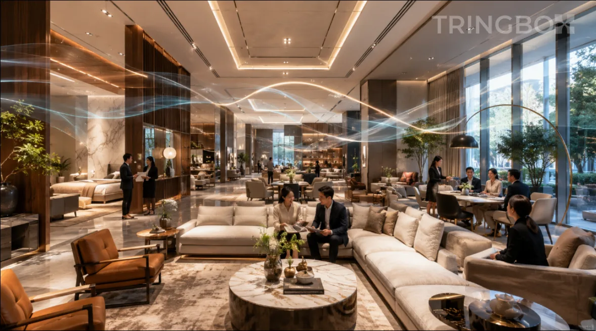 A luxurious, well-lit modern furniture showroom featuring premium living room displays, enhanced by a legally compliant, AI-optimized IN-STORE auditory environment.