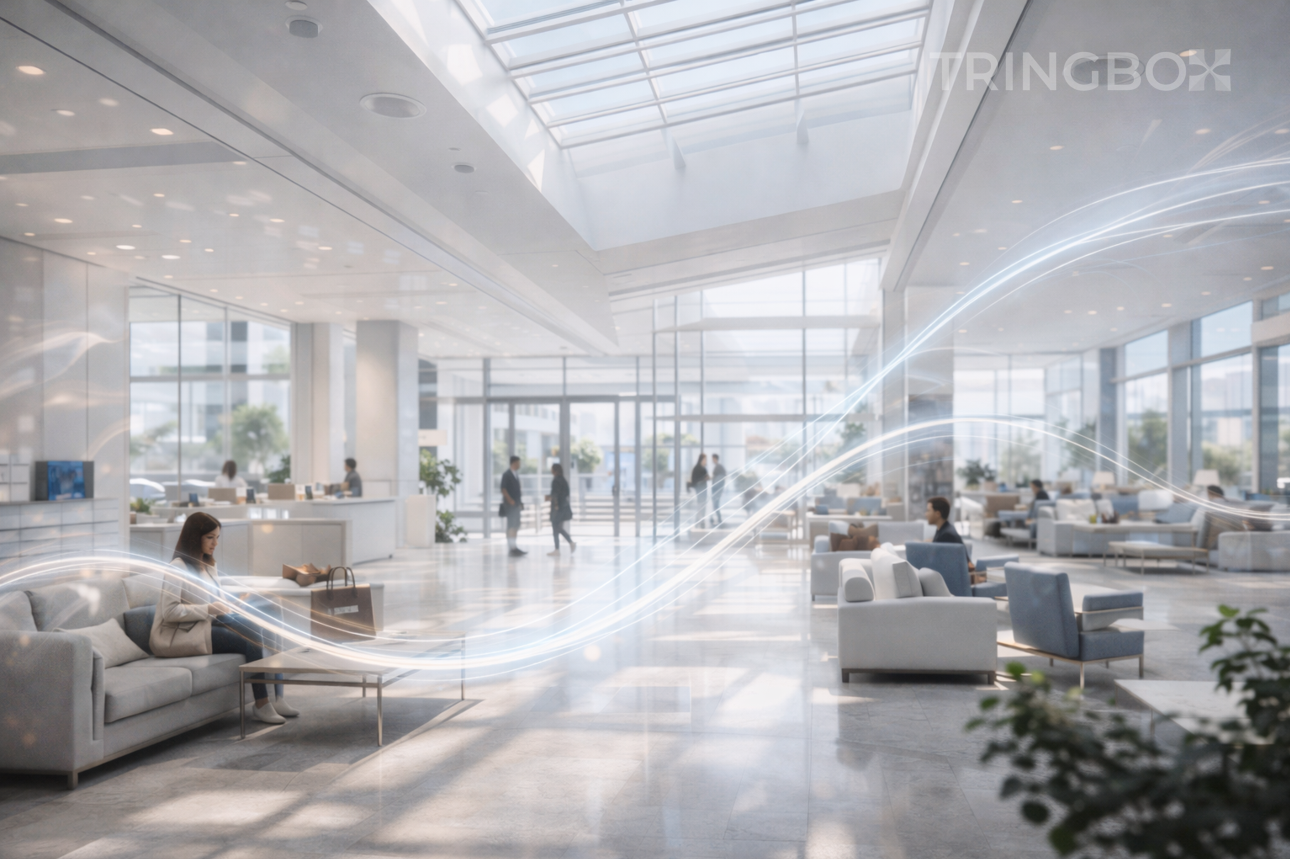 Modern business interiors transitioning from static music channels to AI-driven in-store music by Tringbox