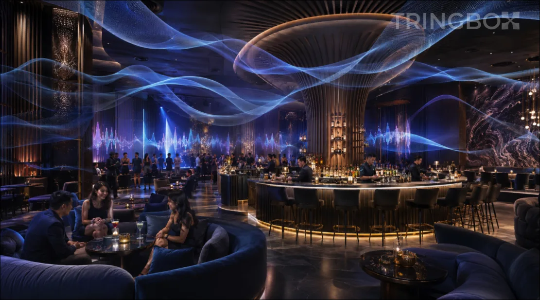 A sophisticated premium nightclub and lounge with dramatic lighting, sleek bar architecture, and guests relaxing in an AI-optimized acoustic environment.