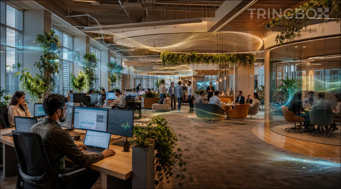 A modern, bright open-plan corporate office with employees collaborating and focusing comfortably in an AI-optimized background sound environment.