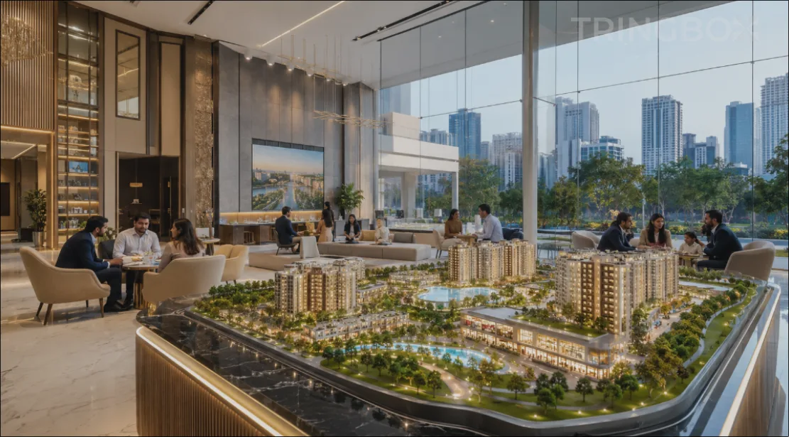 A stunning, ultra-modern real estate property experience center featuring an illuminated scale model of a luxury township, with premium buyers consulting comfortably in the background.