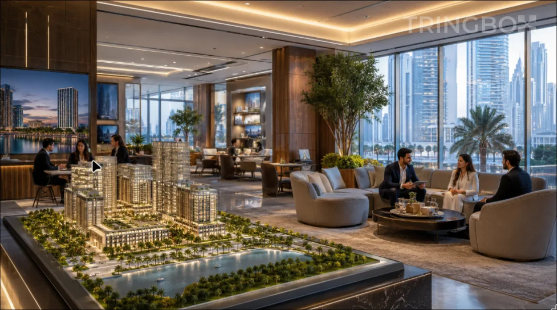 A modern luxury real estate brokerage office with a large scale architectural property model and clients consulting comfortably over coffee.