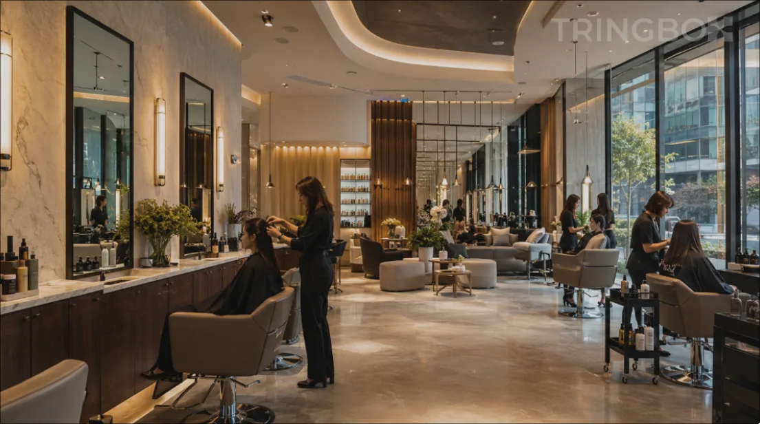 A sleek, modern premium hair salon and beauty lounge featuring large minimalist mirrors, immaculate lighting, and clients relaxing comfortably during their styling sessions.