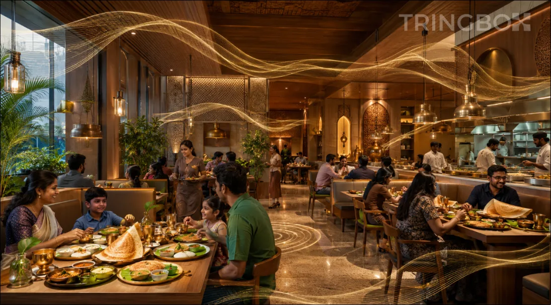 A modern premium South Indian restaurant interior with warm lighting, traditional brass design accents, and families enjoying a meal in an AI-optimized sound environment.