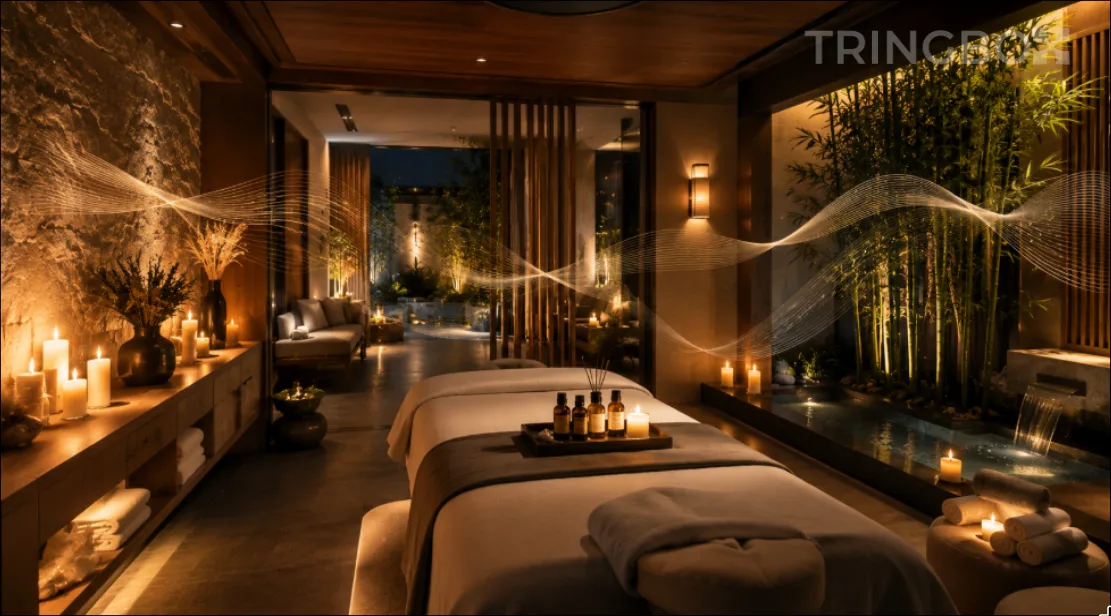 A peaceful luxury spa treatment room featuring soft candlelight, massage tables, and a serene atmosphere managed by intelligent AI sound design.