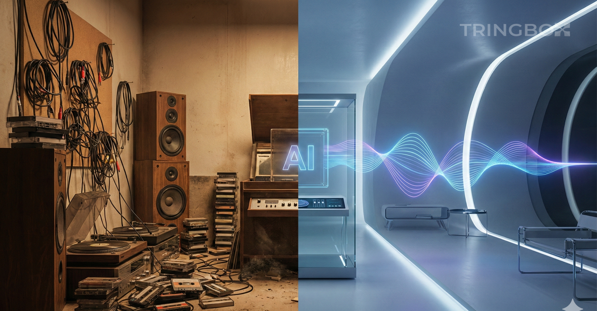 Comparison of traditional playlists vs Tringbox AI-driven music system showing modern retail transformation