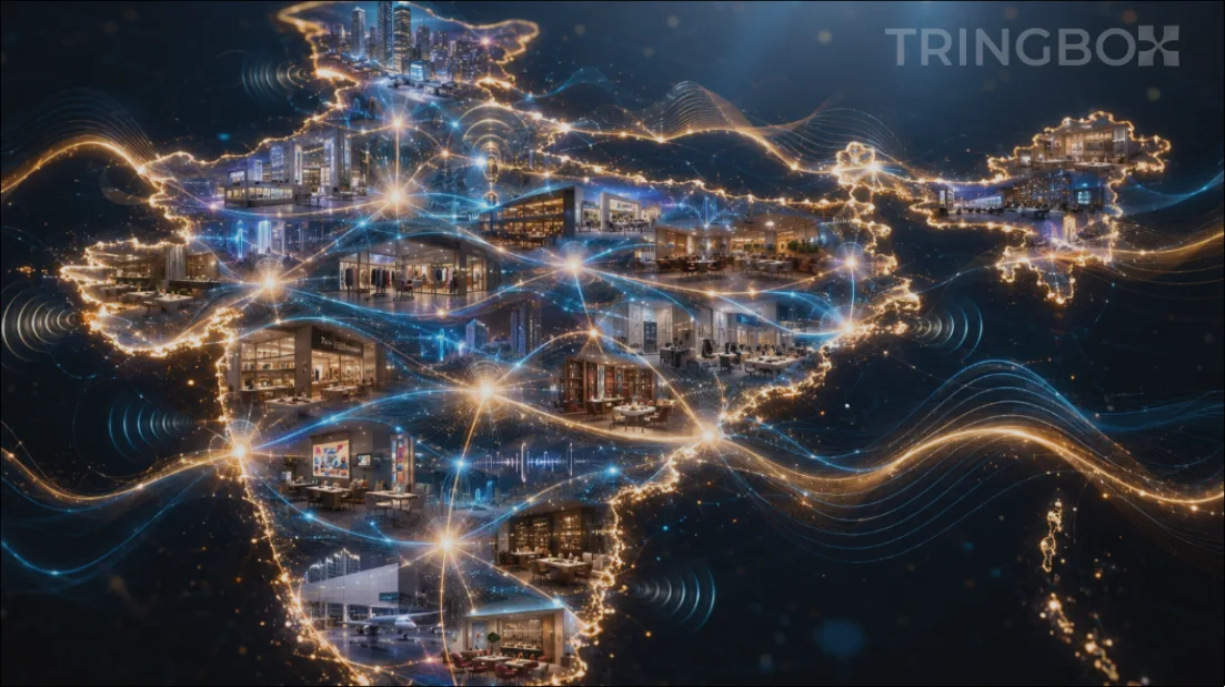 A vibrant digital map of India composed of glowing audio waveforms, highlighting Tringbox's nationwide deployment across premium commercial venues.