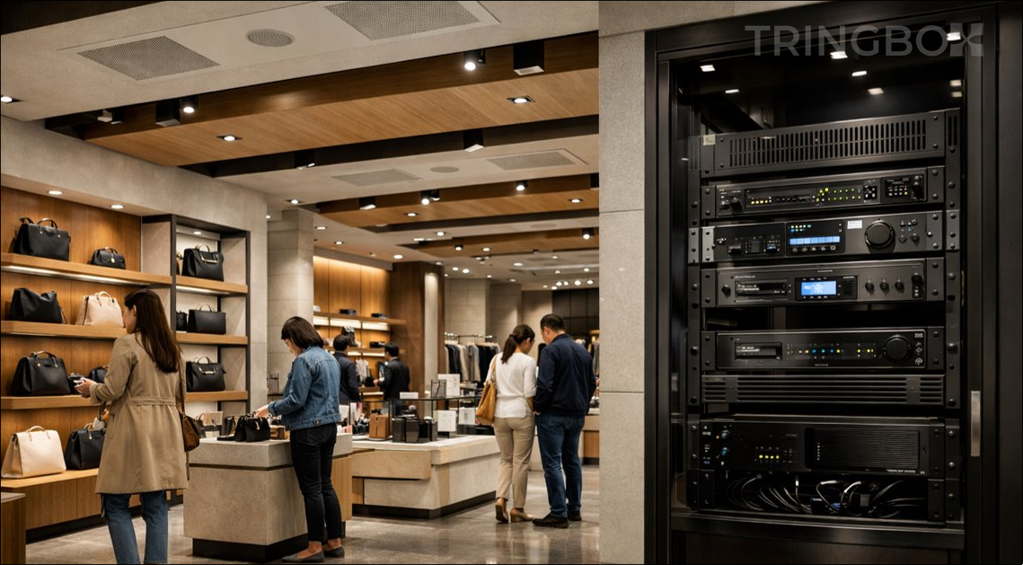 A sleek digital dashboard showing Tringbox AI analytics and real-time store music management.