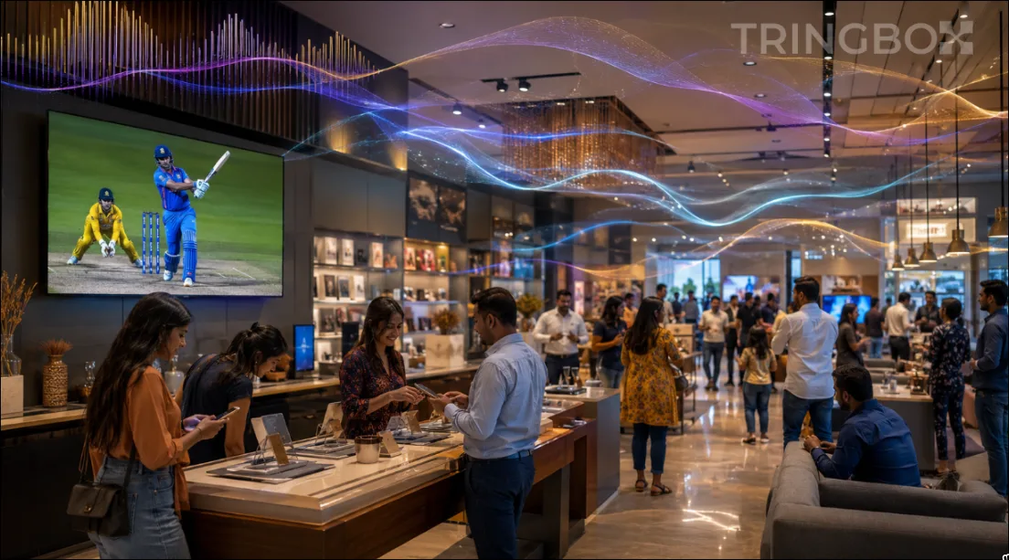 A bustling Indian cafe with a muted cricket match playing on a wall-mounted TV while customers enjoy coffee and good music.