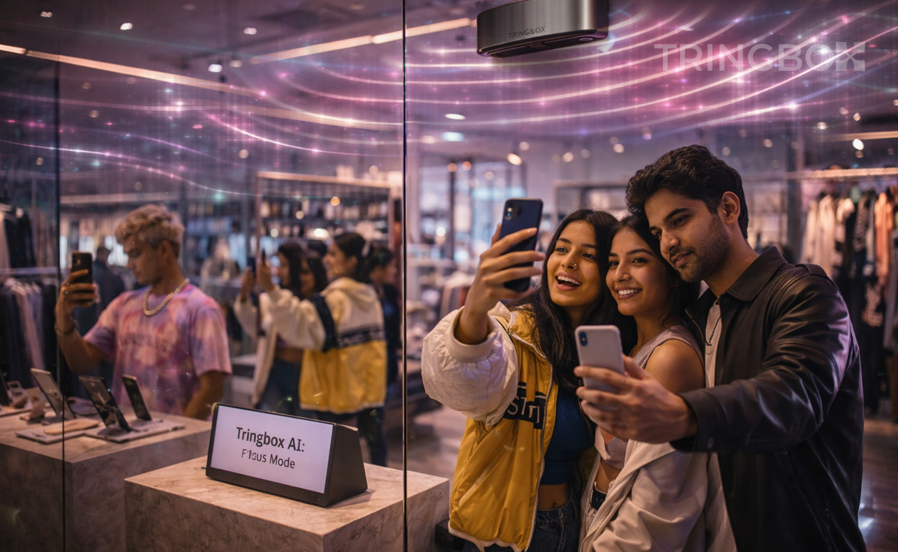 A high-fashion 2026 boutique where the atmosphere is managed by invisible AI sound waves, creating a viral-ready, aesthetic environment for shoppers.