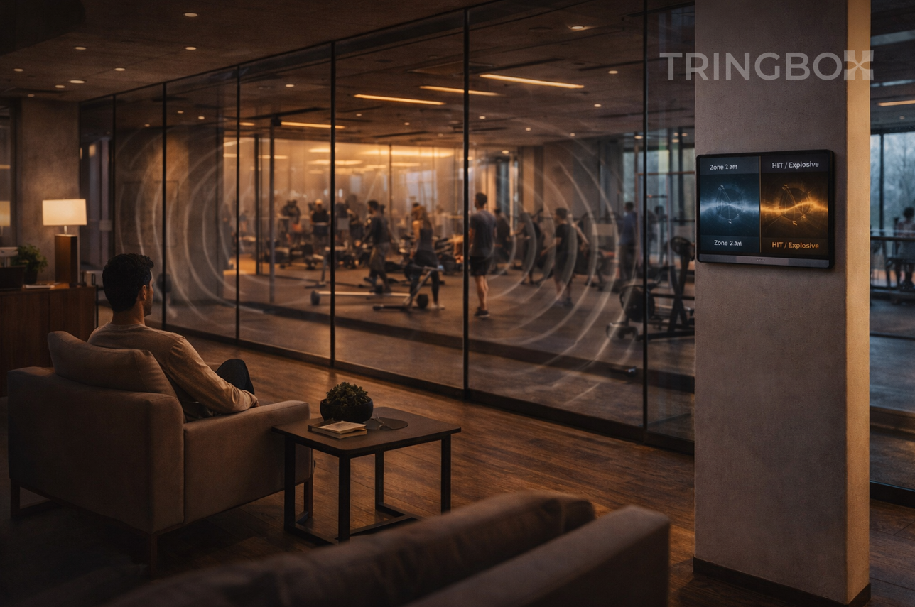 A futuristic 2026 Indian gym showing a glass-walled Yoga studio and a high-energy HIIT floor, with Tringbox AI managing the different acoustic vibes perfectly.