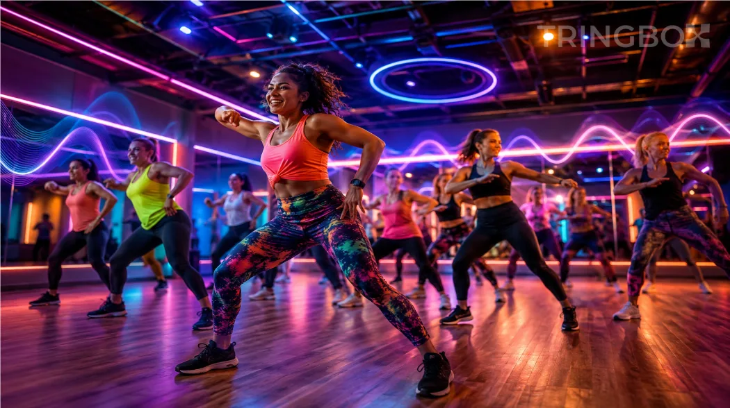 A vibrant, modern group fitness studio with neon accent lighting and smooth hardwood floors, where a high-energy dance workout class moves in perfect synchronization within an AI-managed acoustic layer.