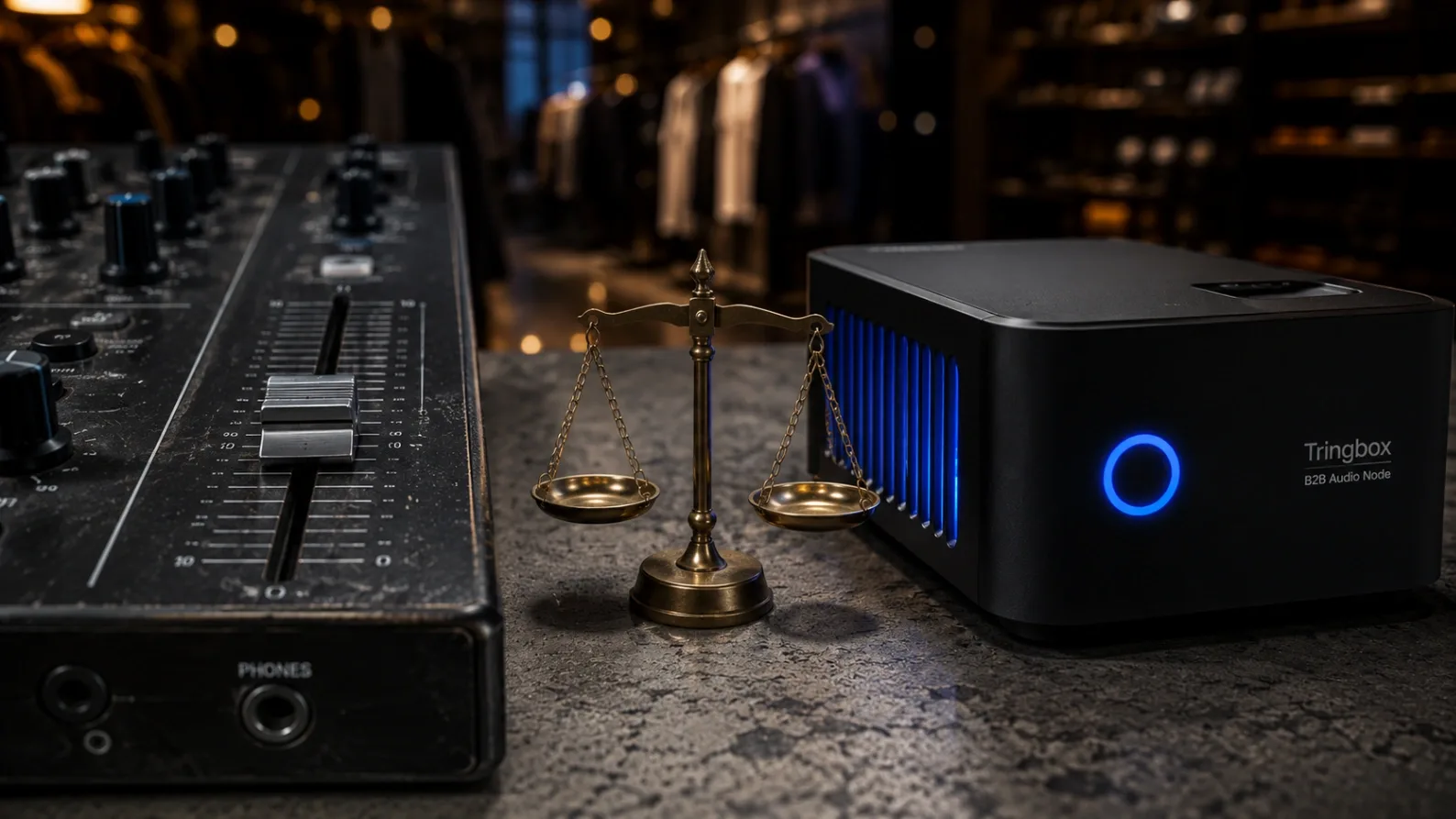 A conceptual photograph comparing traditional manual music curation with advanced AI acoustic hardware in a modern retail setting.