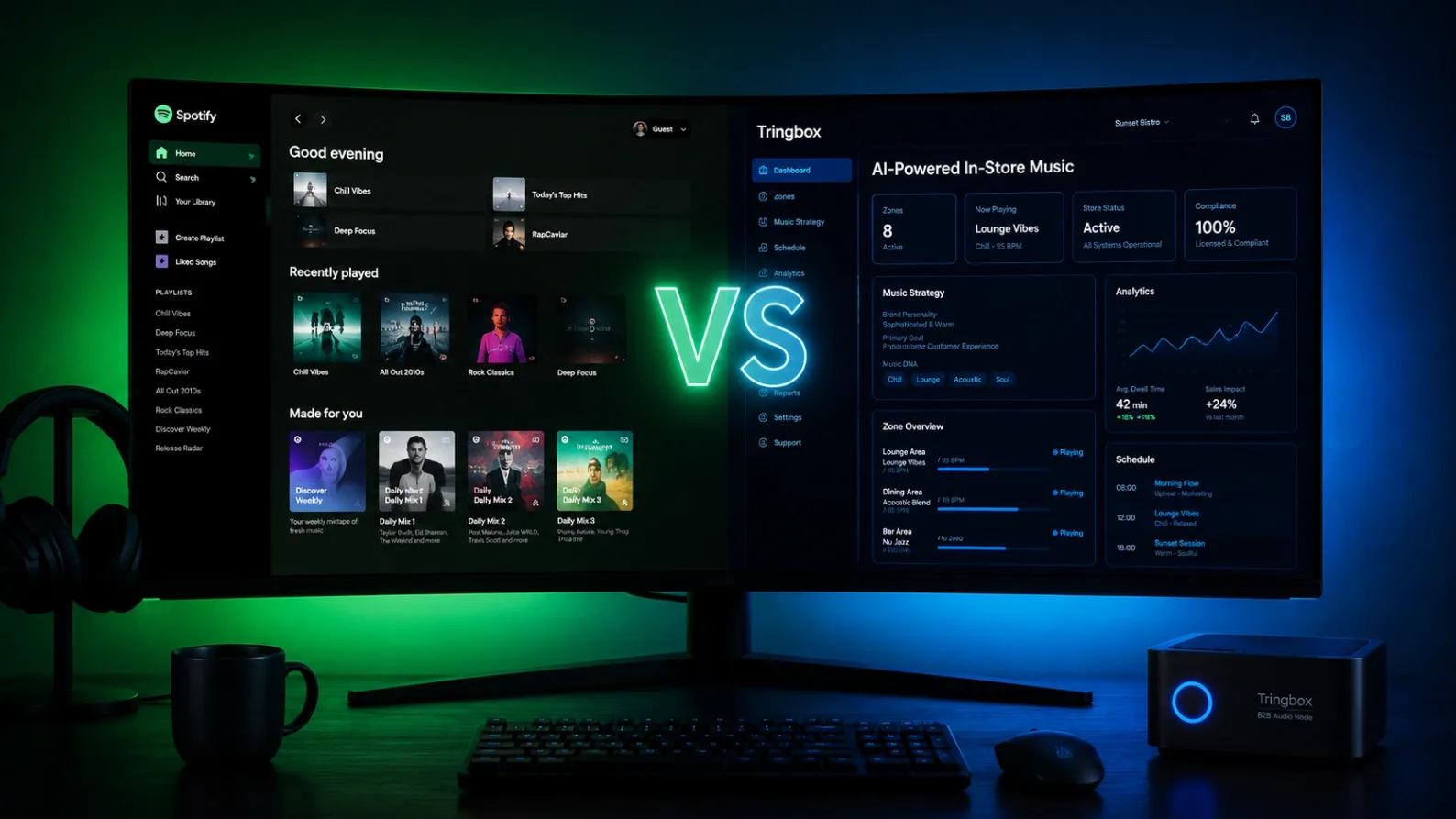 A digital screen displaying a face-off between a consumer streaming app like Spotify and a commercial B2B in-store music platform.