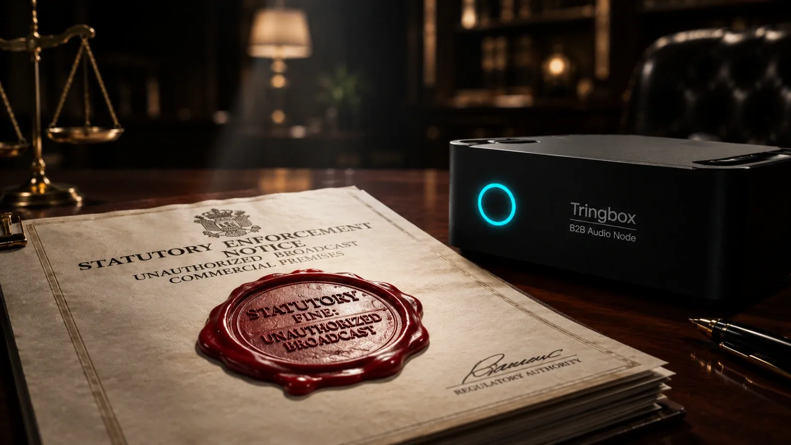 A conceptual photograph comparing a consumer smartphone displaying a terms of service violation next to a compliant B2B commercial audio device in a cafe.