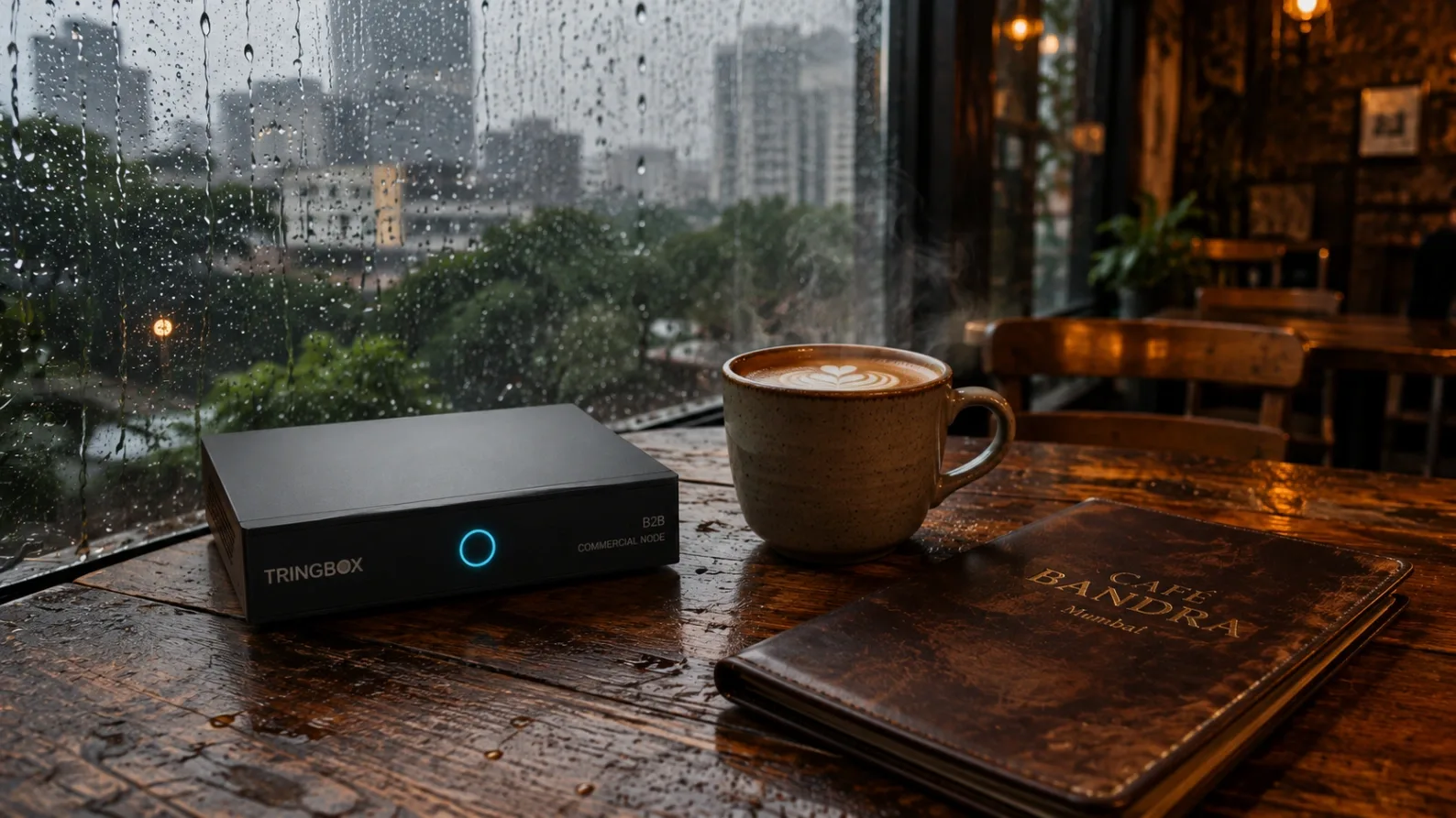 A cozy, rain-slicked window view of a premium cafe in Mumbai, featuring a steaming cup of coffee next to a sleek commercial audio device.